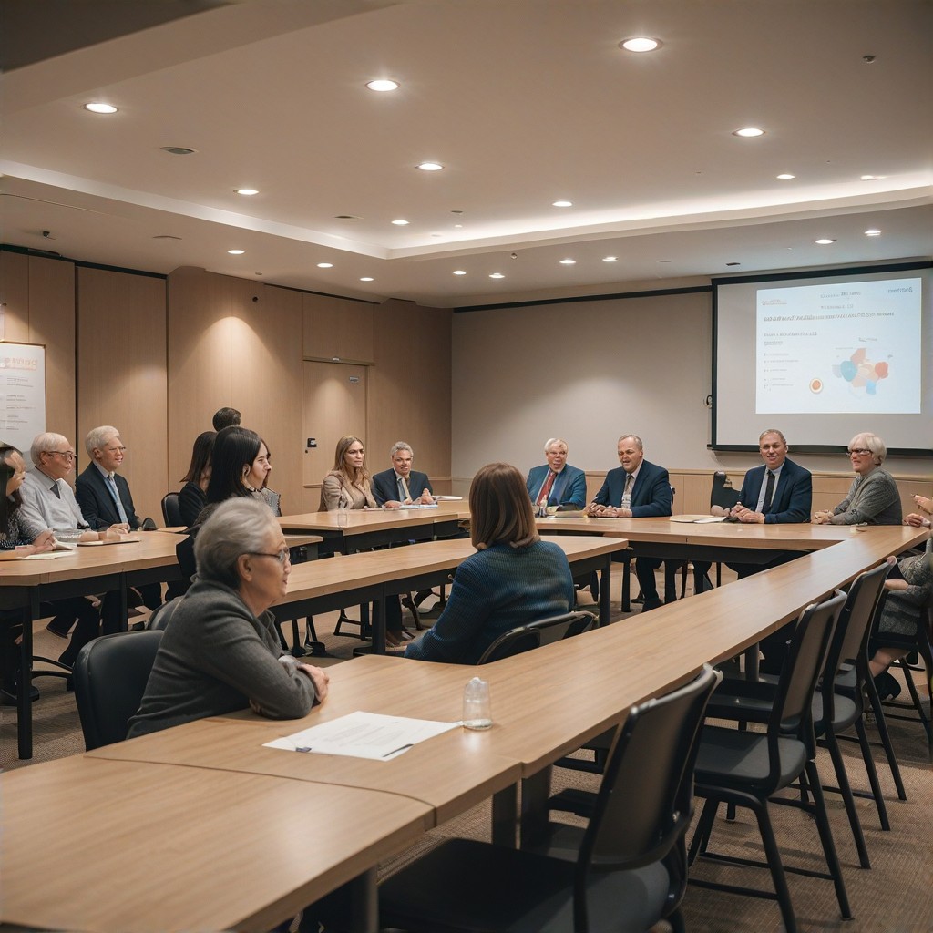 A group of seniors attentively listening to a speaker during a Medicare workshop, focus on the speaker and audience interaction, comfortable and engaging setting, topics of discussion visible on a screen in the background, professional atmosphere, clear and concise presentation style